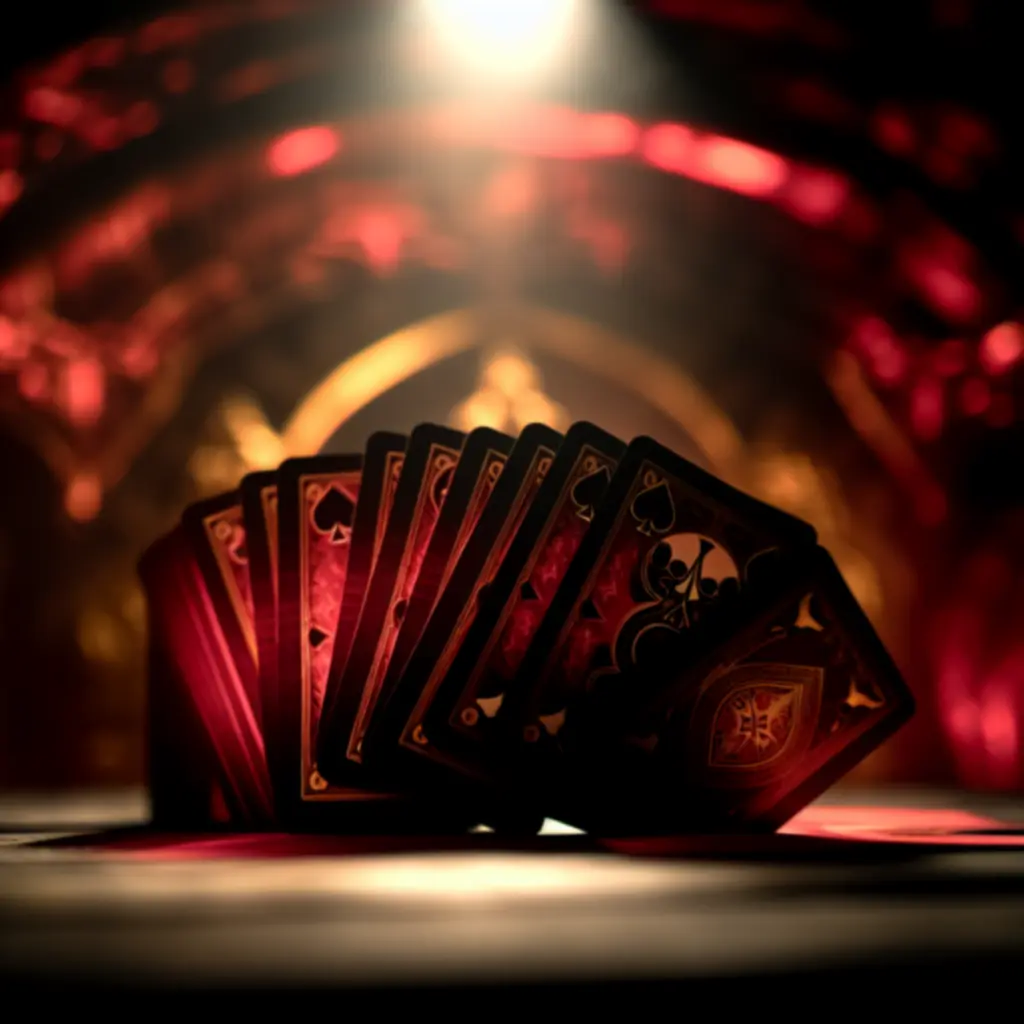 Ciemna talia kart WarThrone oświetlona czerwono-złotym światłem