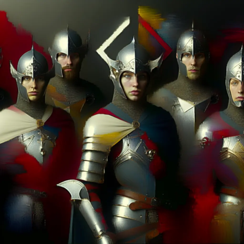 Portrety frakcji z detalami hełmów i herbów