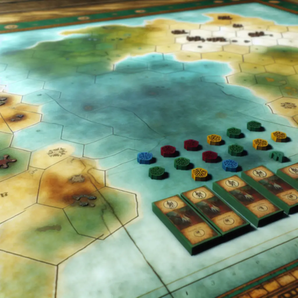 Zbliżenie na planszę WarThrone z oznaczeniami regionów i żetonami kontroli