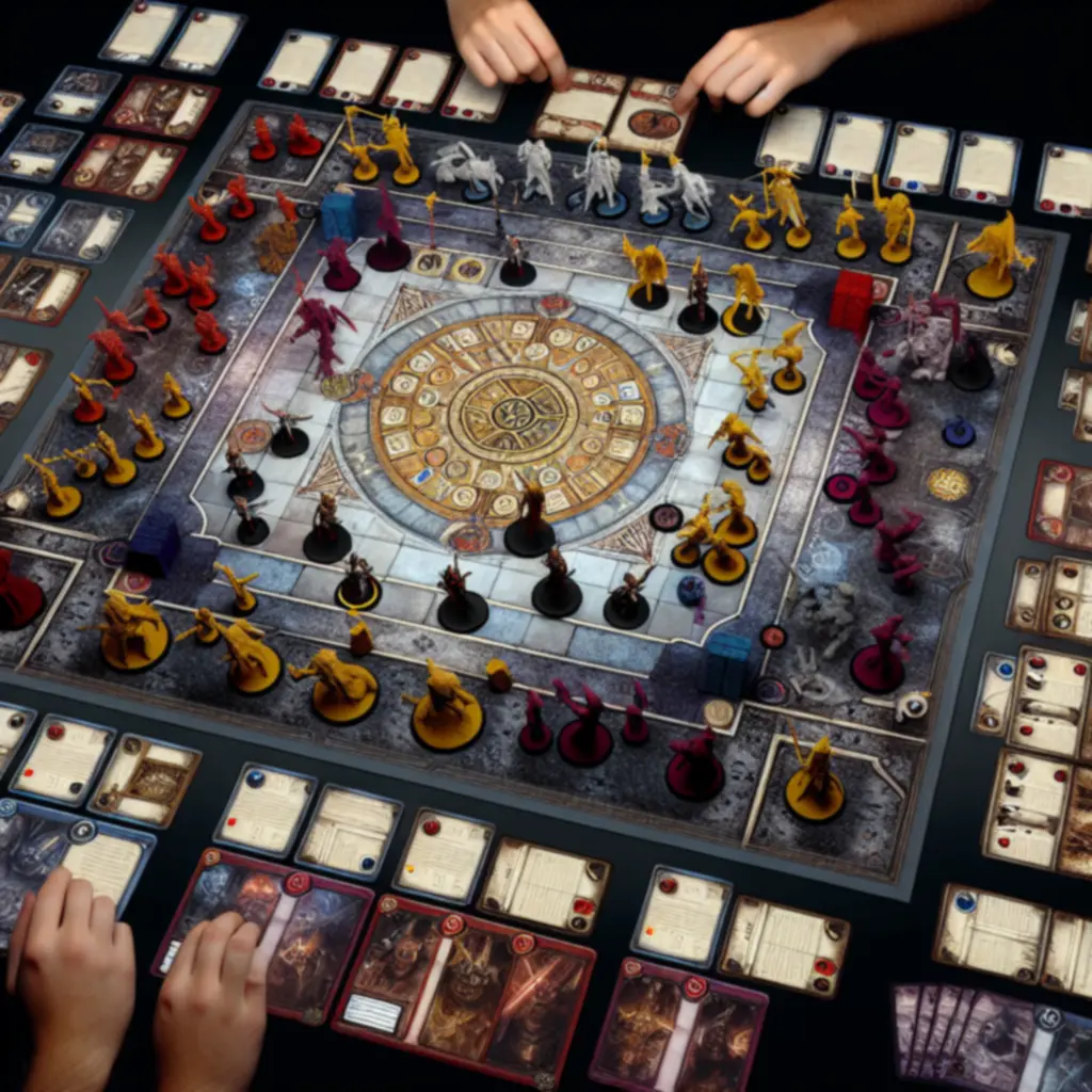 Plansza WarThrone w trakcie rozgrywki z figurami i kartami