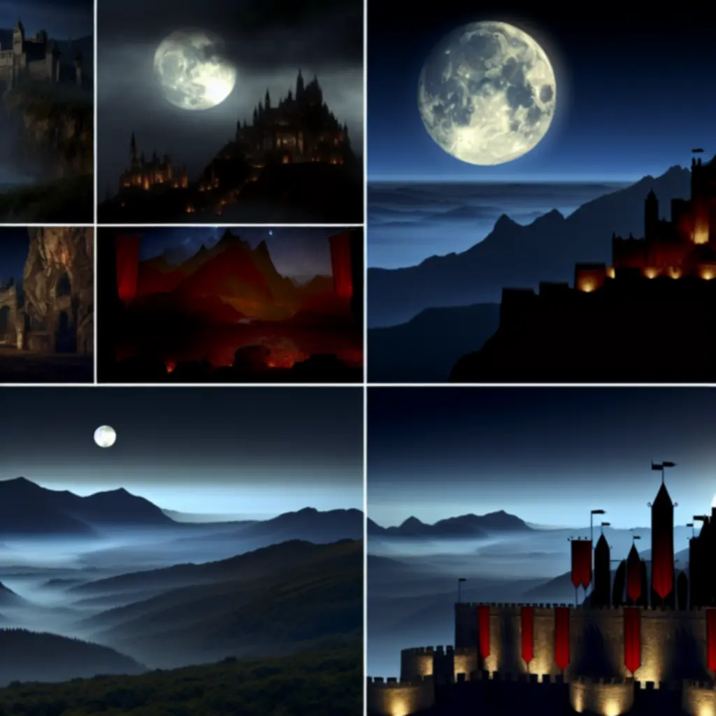 Panorama krain WarThrone oświetlona bladym księżycem, w barwach czerni, czerwieni i złota.