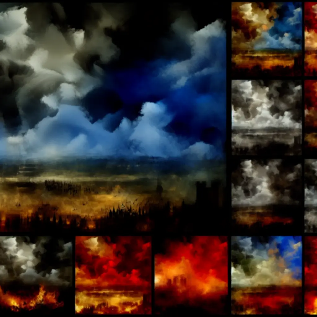 Ciemne niebo nad krainami WarThrone, przebłyski złota i czerwieni nad polem bitewnym