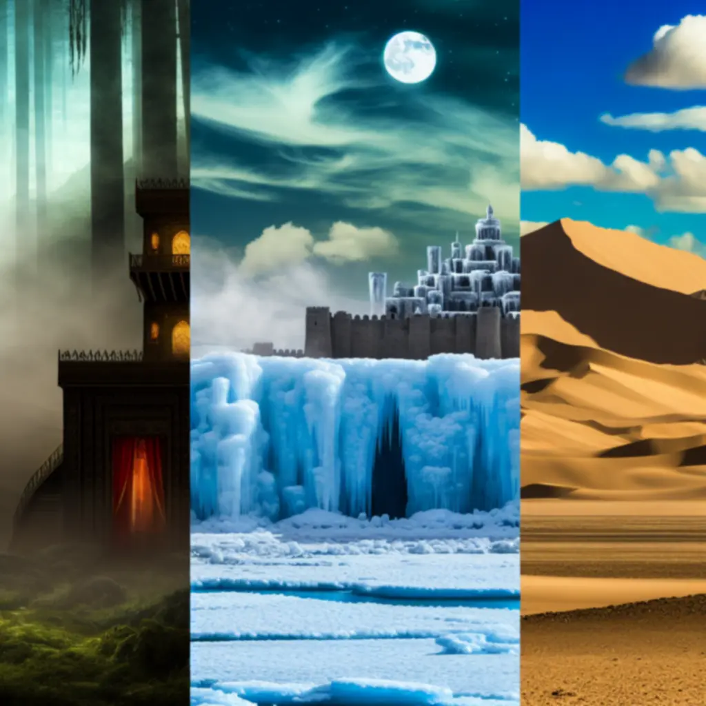 Kolaż trzech mitycznych krain: spowitych mgłą lasów, zamarzniętych twierdz i pustynnych pałaców.