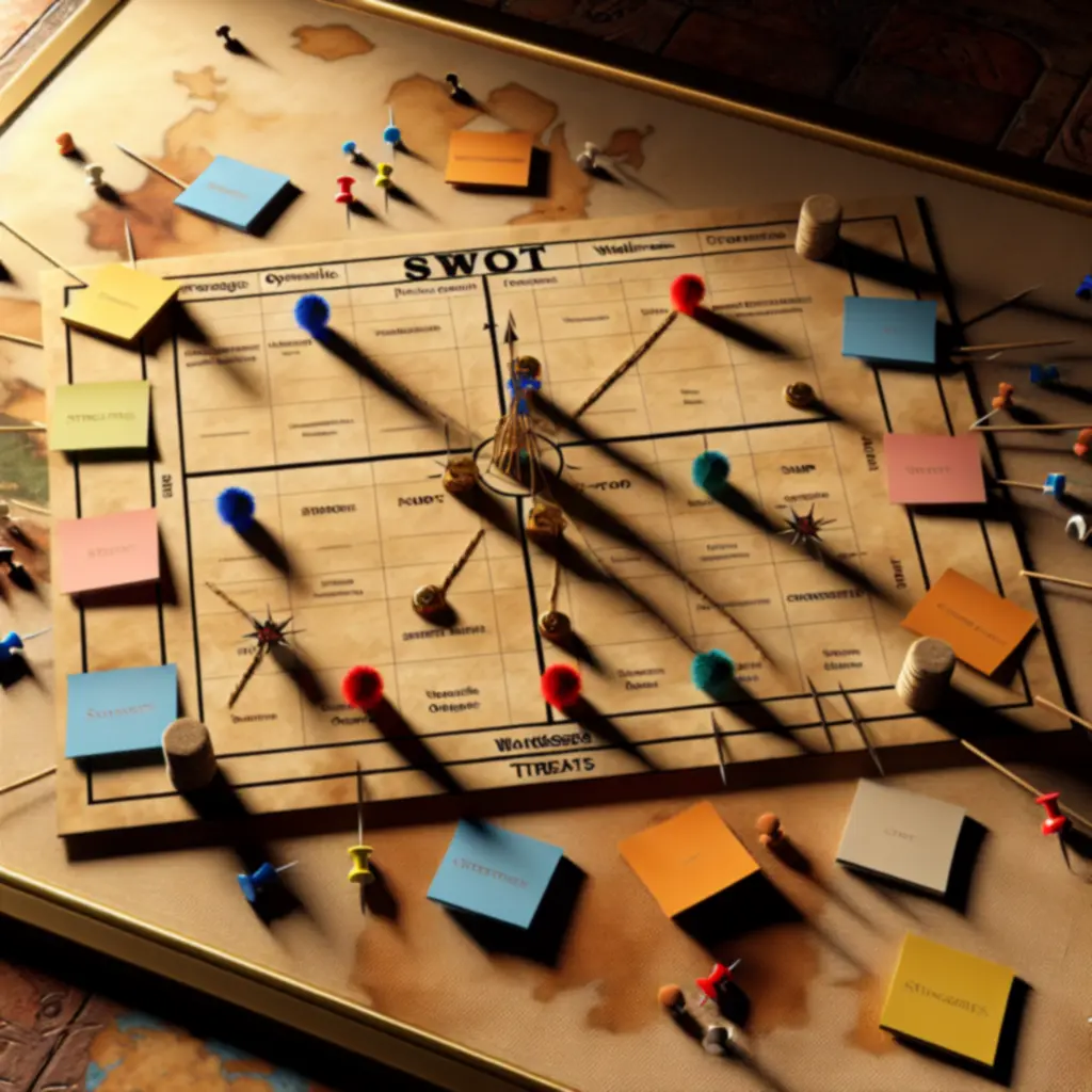 Plansza taktyczna z pinezkami i notatkami ilustrująca analizę SWOT dla WarThrone.