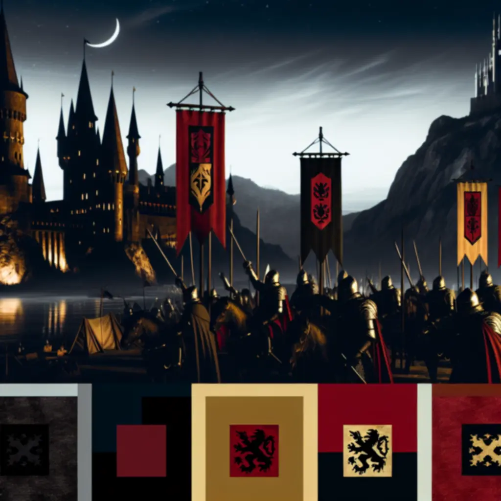 Mroczna, epicka scena w świecie WarThrone z tronem i sztandarami